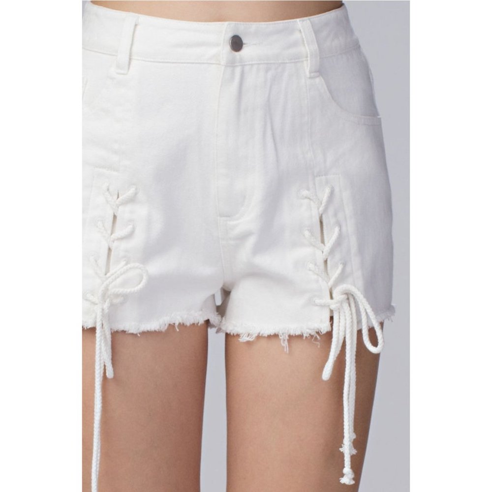 Honey Punch Lace Up Frayed Denim Shorts